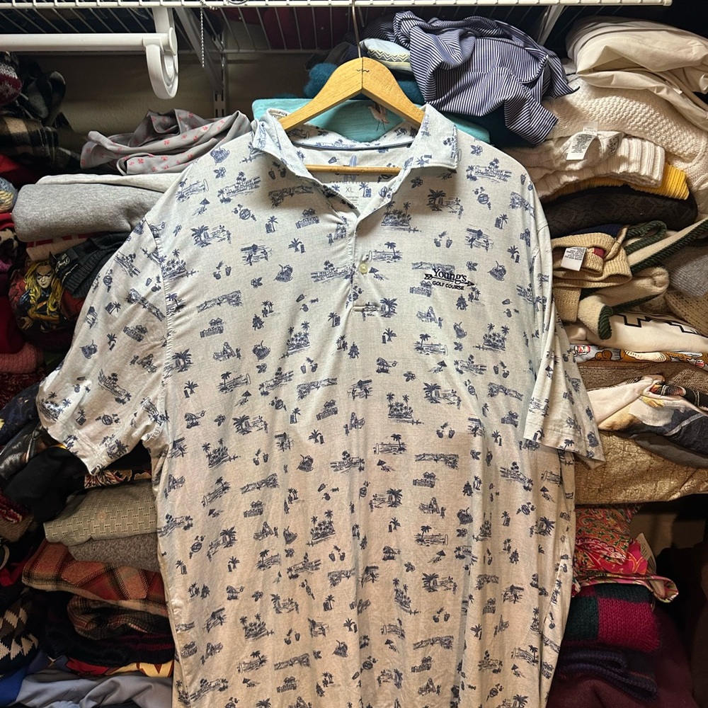 Johnnie-O Featherweight Golf Polo Tiki Bar AOP Blue White Men’s Size XL